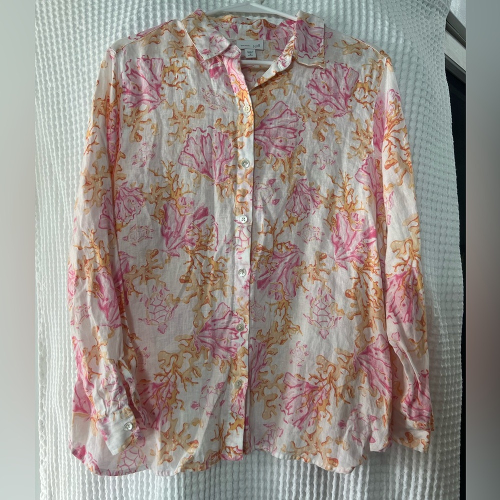 J. Jill Pink and Orange Love Linen Shirt MedP Sea Turtle and Coral Pink Orange